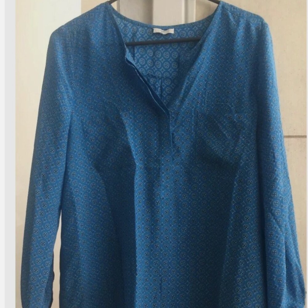 JOIE Silk Blue Blouse Tunic Turquoise blue print Long Sleeve Top shirt Sz Small